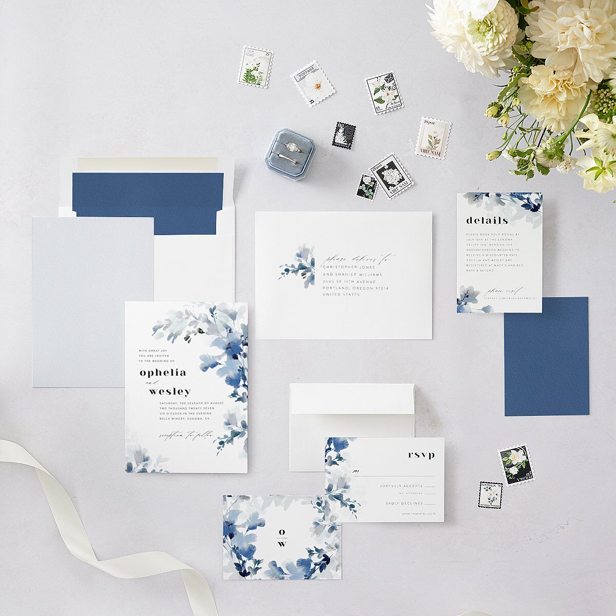 Watercolor Blooms Wedding Invitations Midnight Navy Signature Blank No Standard
