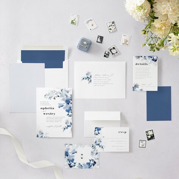 Watercolor Blooms Wedding Invitations Midnight Navy Signature Blank No Standard