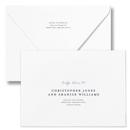 Palm Tree Icon Rehearsal Dinner Invitation Euro Envelopes White Moody Blue Both Recipient and Return Addresses Luxe Signature