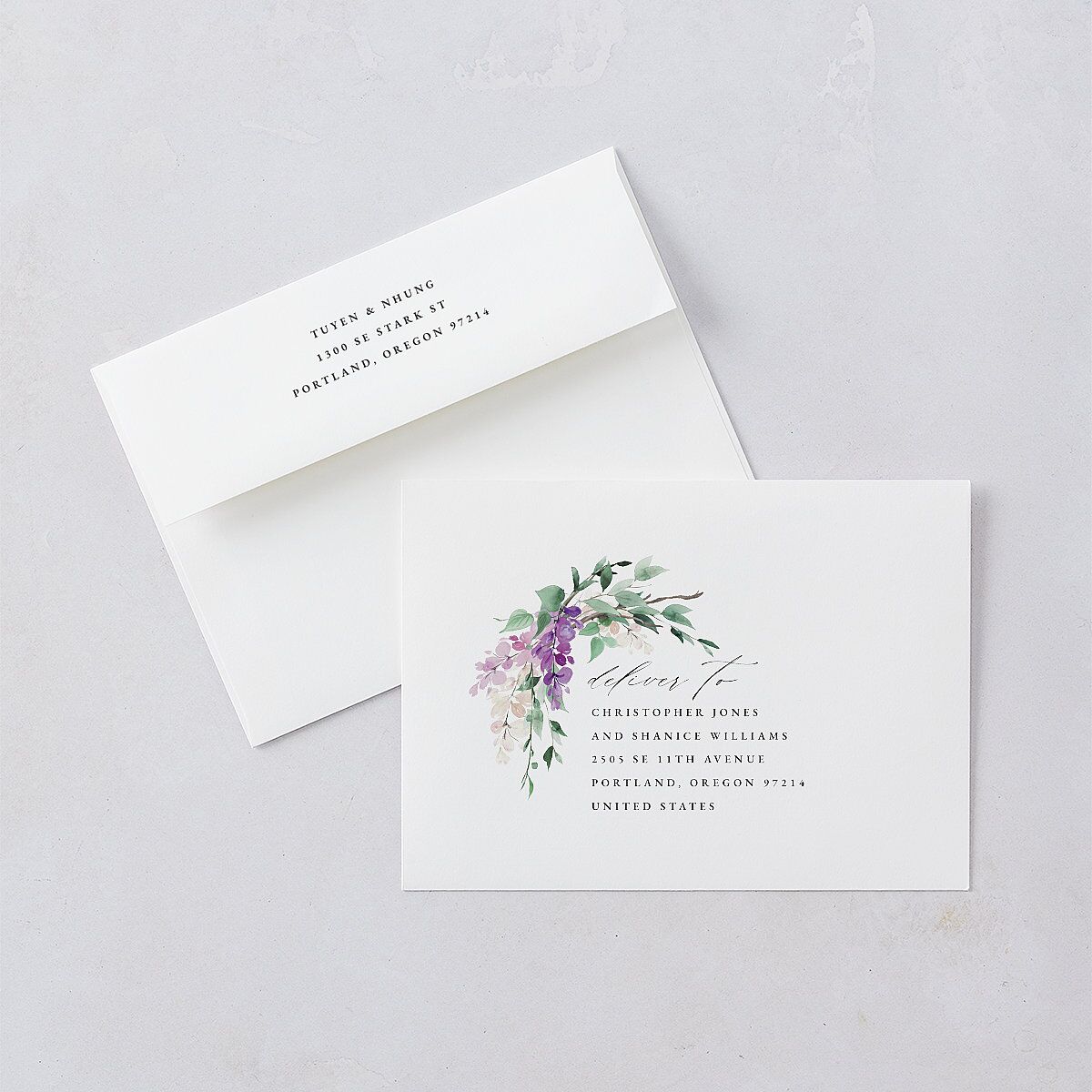 Sparkling Wisteria Wedding Invitation Envelopes White Iris Both Recipient and Return Addresses Standard Signature