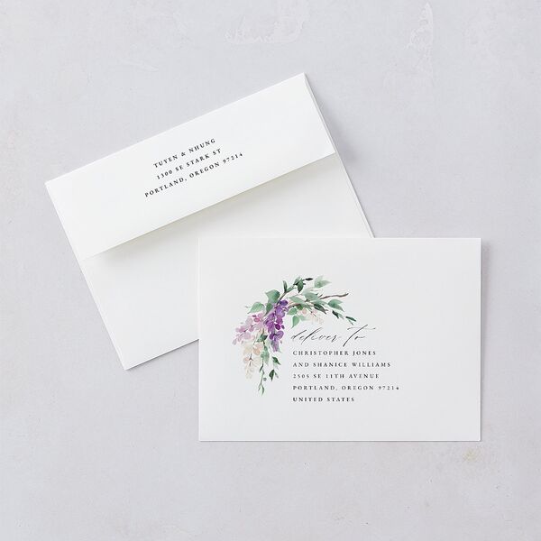 Sparkling Wisteria Wedding Invitation Envelopes White Iris Both Recipient and Return Addresses Standard Signature