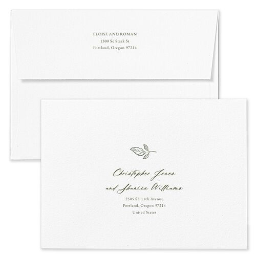 Vintage Botanical Sketch Save The Date Card Envelopes White Dark Camo Both Recipient and Return Addresses Signature Standard