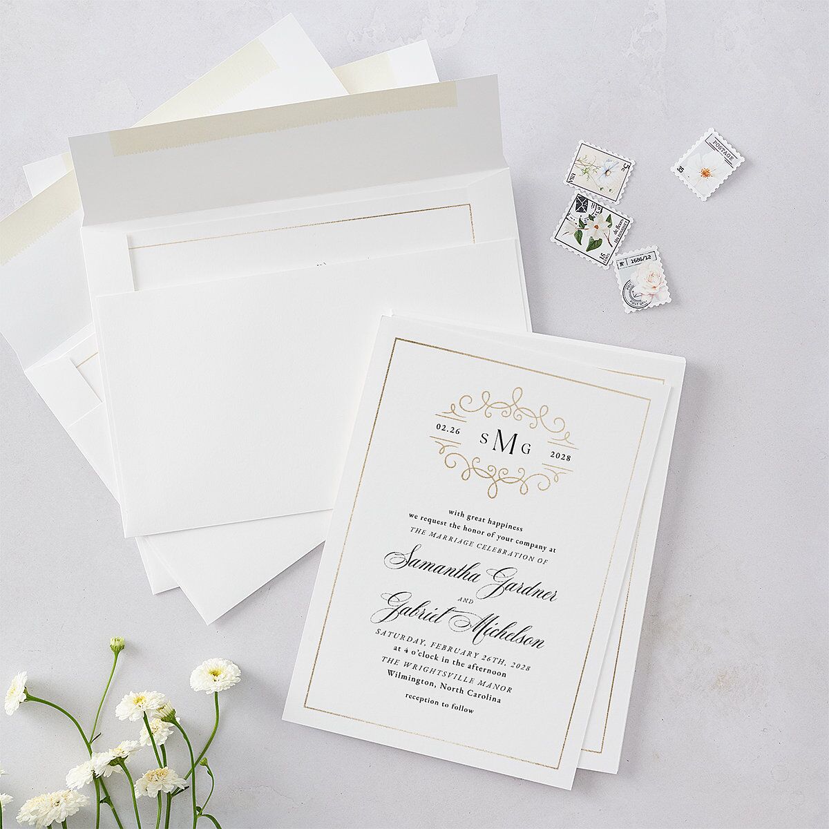 Monogram Flourish Foil Wedding Invitations Pure White Gold Signature Blank No Standard