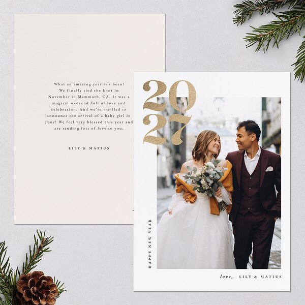 Bold Year Holiday Cards Gold Pure White Signature Blank Standard Portrait