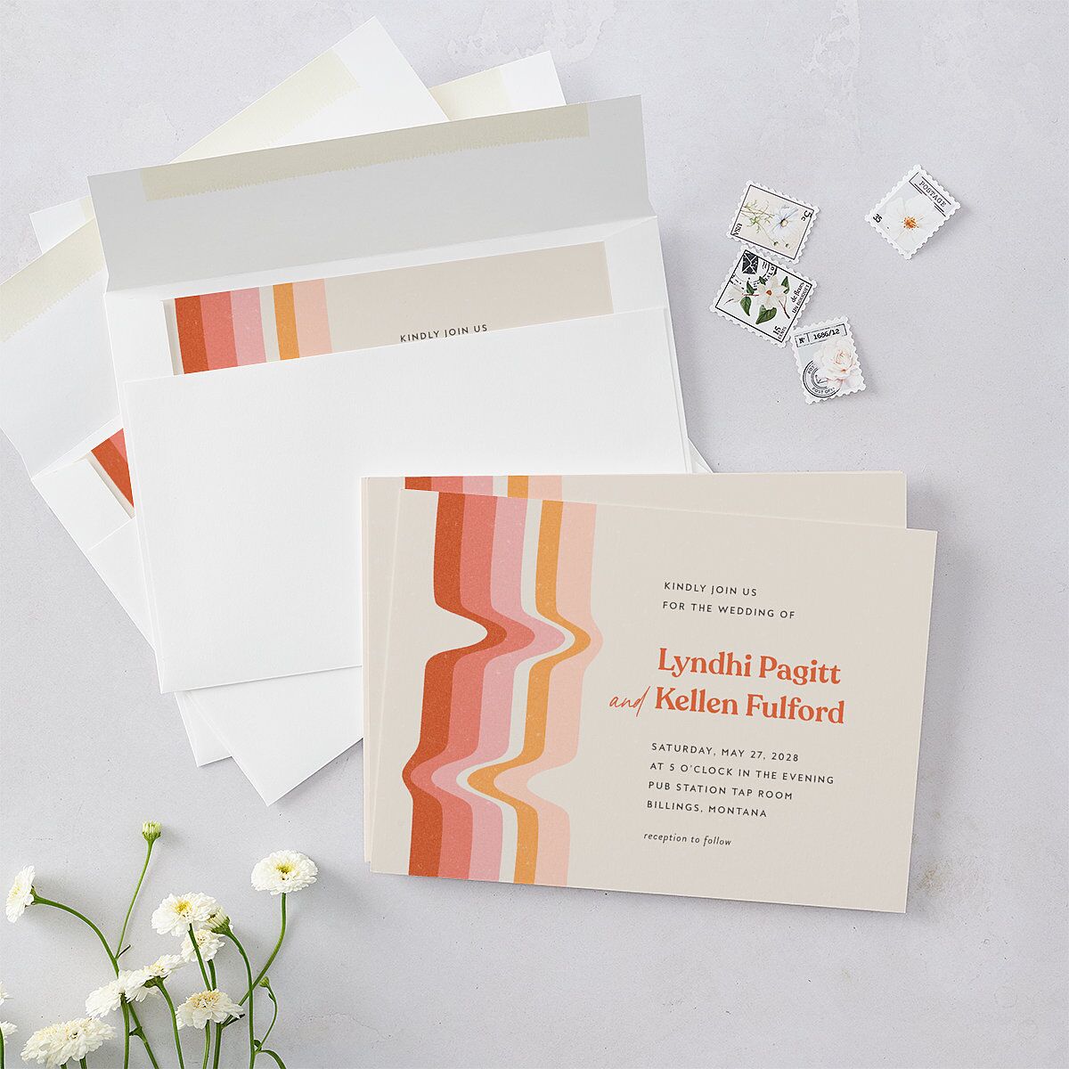 Groovy Lines Wedding Invitations Coral Pink Signature Blank No Standard