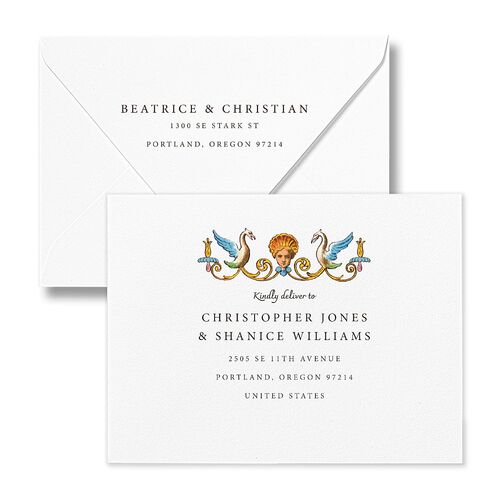 Medieval Renaissance Save the Date Petite Card Euro Envelopes Moss White Both Recipient and Return Addresses Luxe Signature