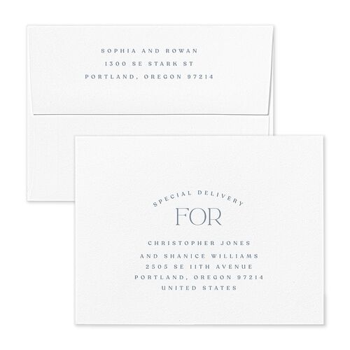 Classic Stack Thank You Card Envelopes White Dusty Blue Both Recipient and Return Addresses Signature Standard