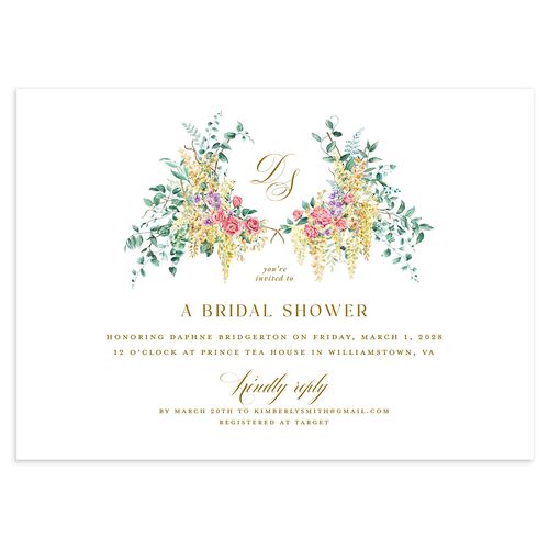 Formal Wisteria Garden Crest Bridal Shower Invitations by Bridgerton Deep Lake Signature Blank Standard