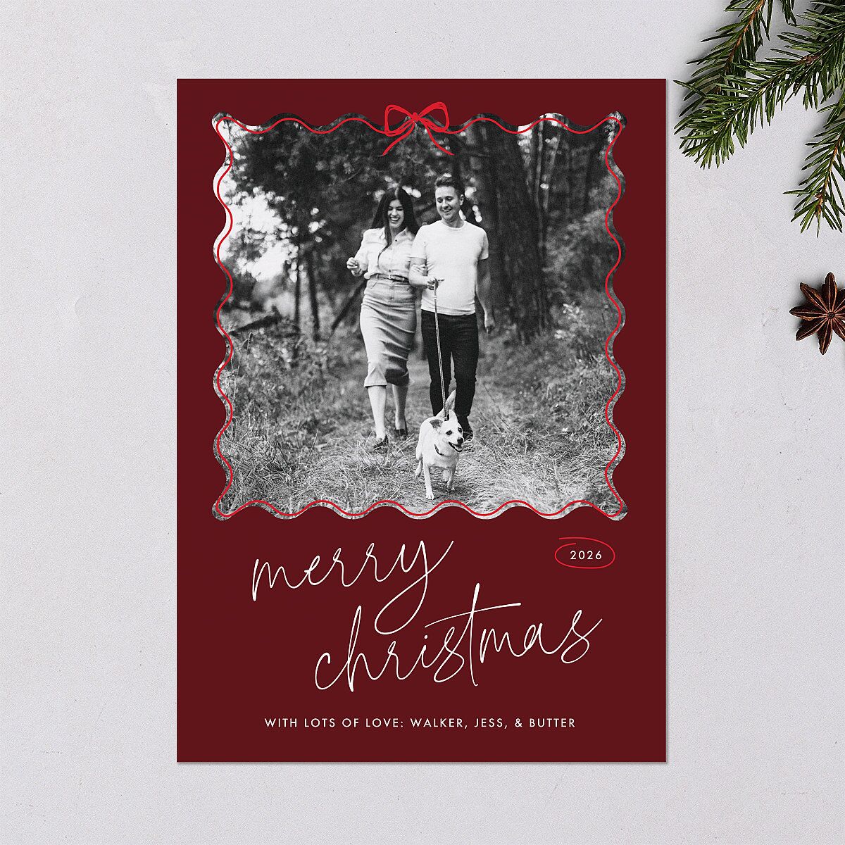 Wavy Bow Frame Holiday Cards Jewel Red Signature Blank Standard Portrait