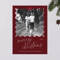 Wavy Bow Frame Holiday Cards Jewel Red Signature Blank Standard Portrait