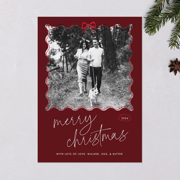 Wavy Bow Frame Holiday Cards Jewel Red Signature Blank Standard Portrait