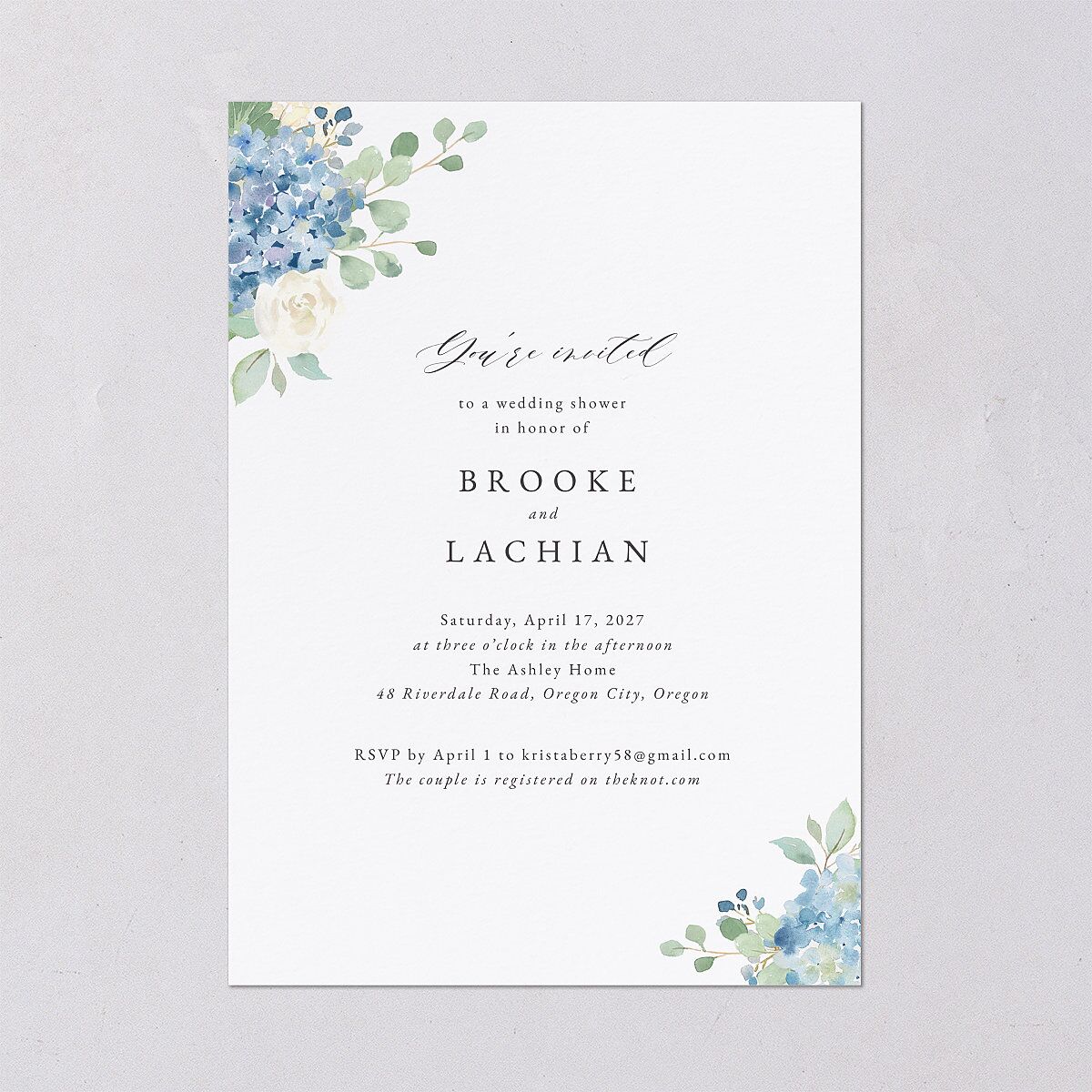 Elegant Hydrangea Bridal Shower Invitations Dusty Blue Signature Blank Standard