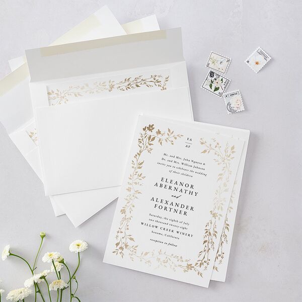 Timeless Floral Foil Wedding Invitations Gold Pure White Signature Blank No Standard