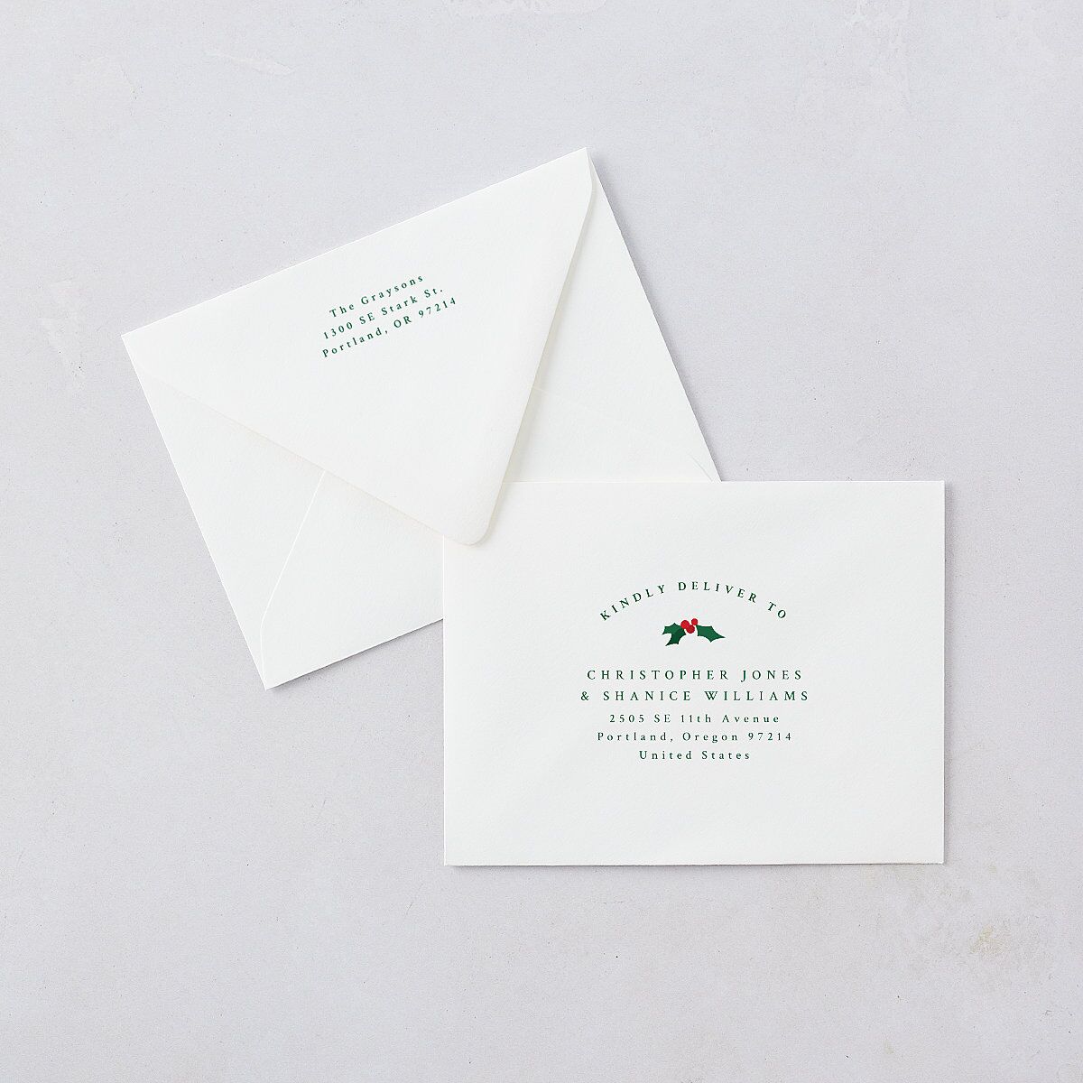 Classic Holiday Stripes Thank You Card Euro Envelopes White Jewel Green Both Recipient and Return Addresses Luxe Signature