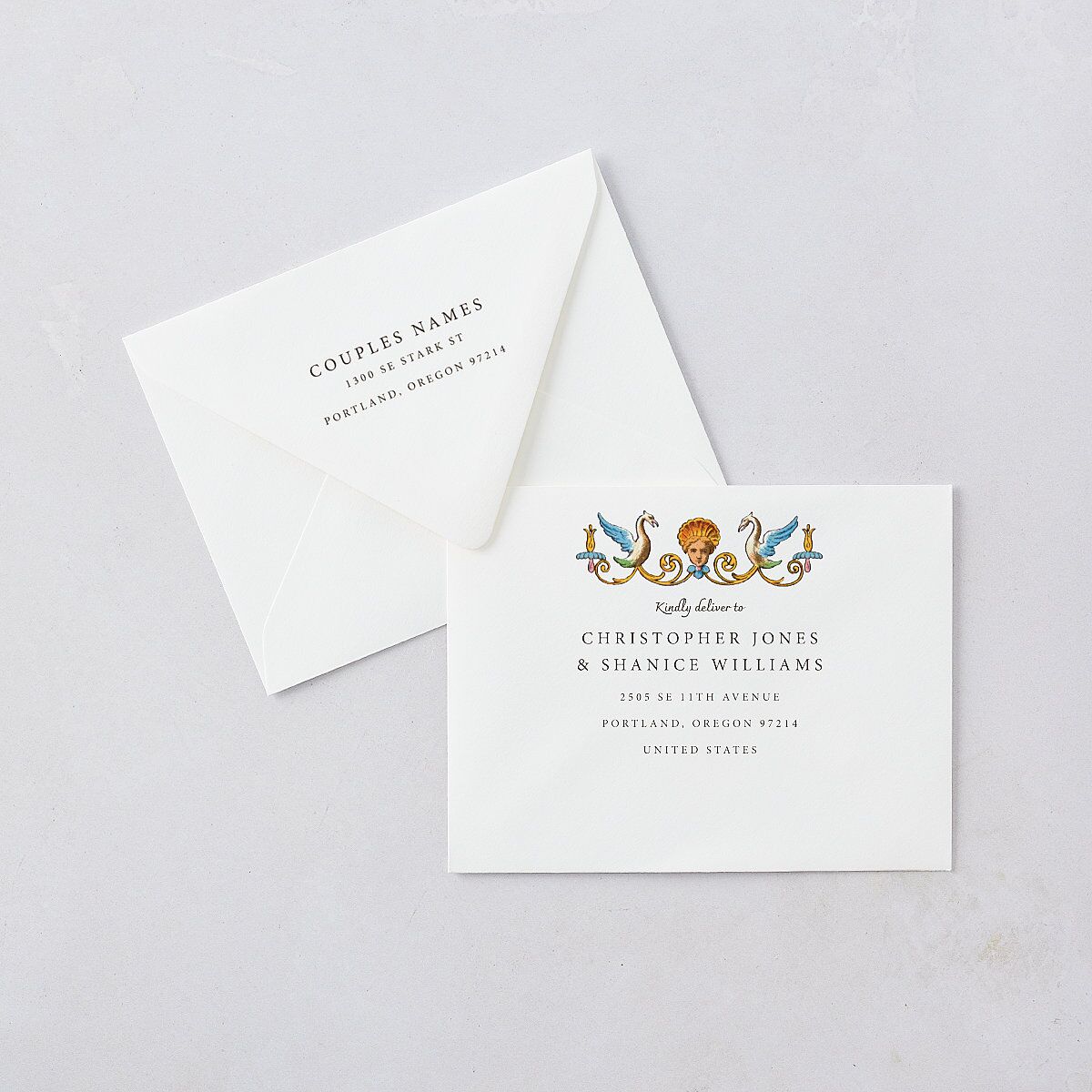 Medieval Renaissance Thank You Card Euro Envelopes Canary White Both Recipient and Return Addresses Luxe