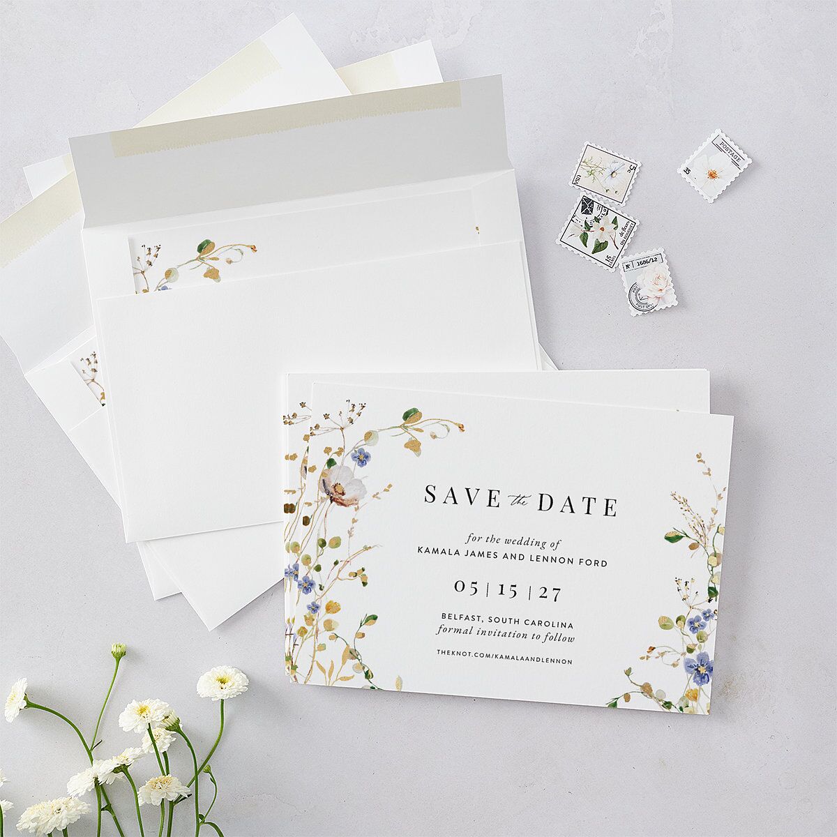 Glistening Wildflower Save the Date Cards Gold Pure White Signature smooth Blank No Standard