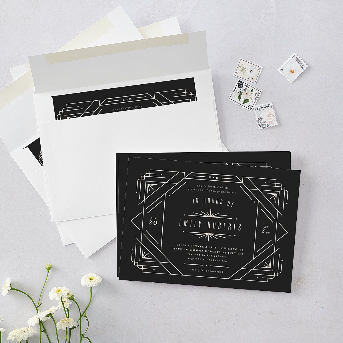 Vintage Deco Bridal Shower Invitations Charcoal Signature Blank Standard