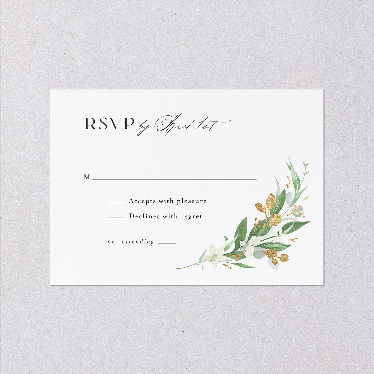 Greenery Laurel Foil Wedding Response Cards Pure White Gold Signature Standard