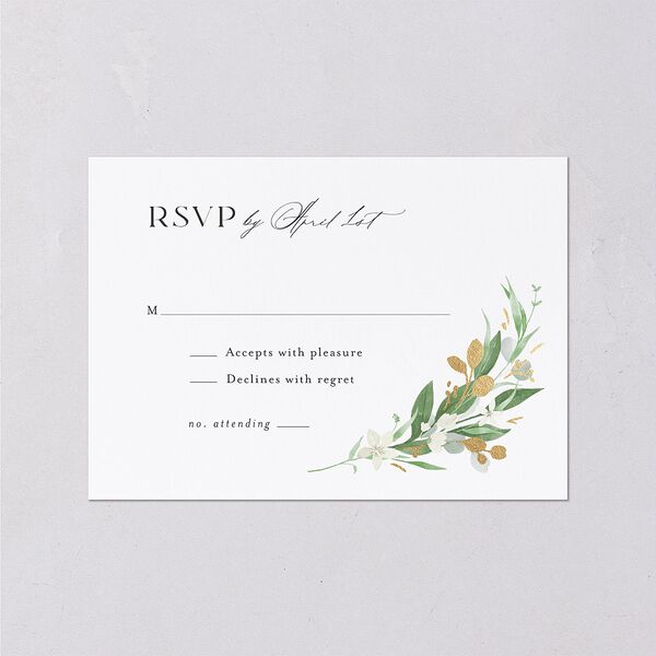 Greenery Laurel Foil Wedding Response Cards Pure White Gold Signature Standard