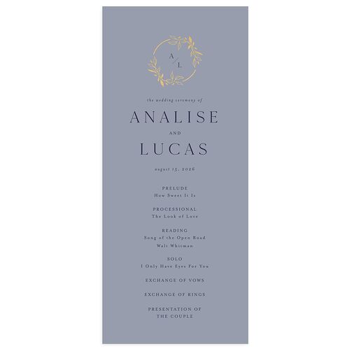 Monogram Leaves Wedding Programs Gold Dusty Blue Signature
