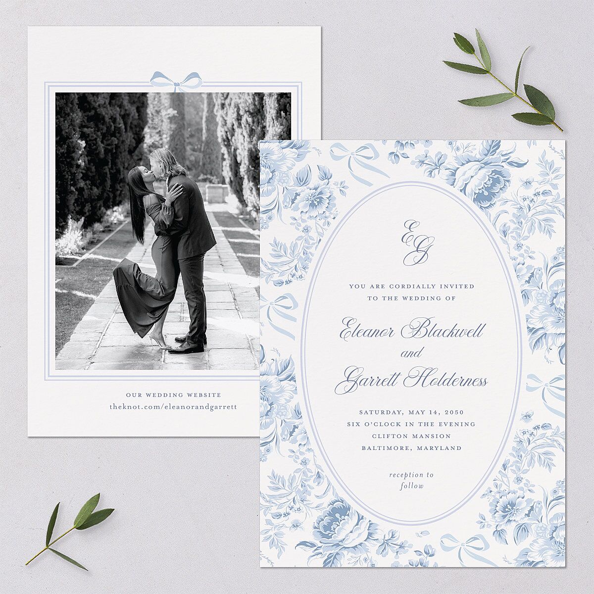 Vintage French Floral Toile Wedding Invitations Dusty Blue Signature Blank No Standard