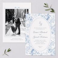 Vintage French Floral Toile Wedding Invitations Dusty Blue Signature Blank No Standard