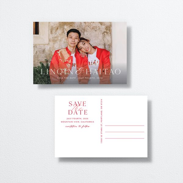 Romantic Phoenix Save the Date Postcards front-and-back in Red