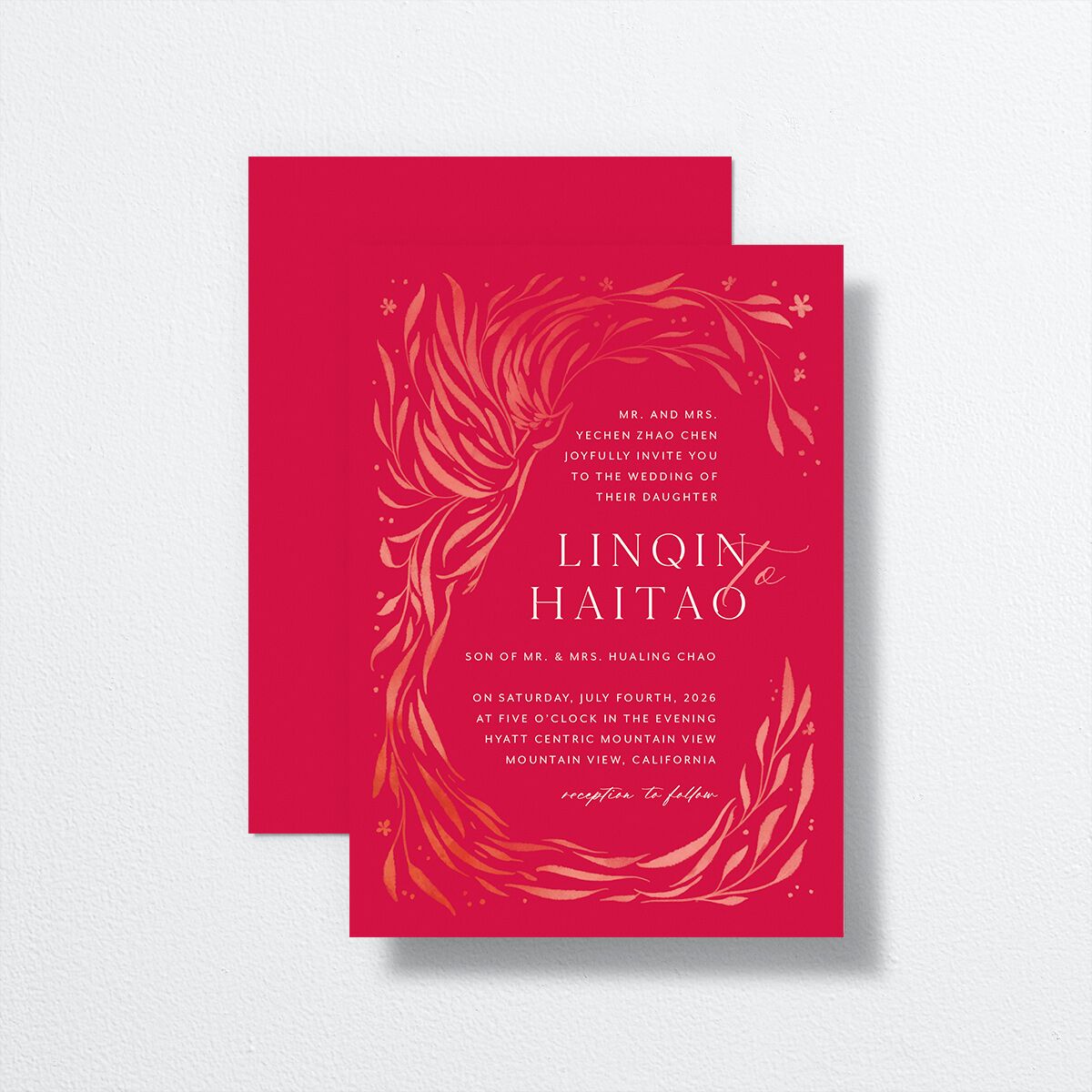 Romantic Phoenix Wedding Invitations front-and-back in red