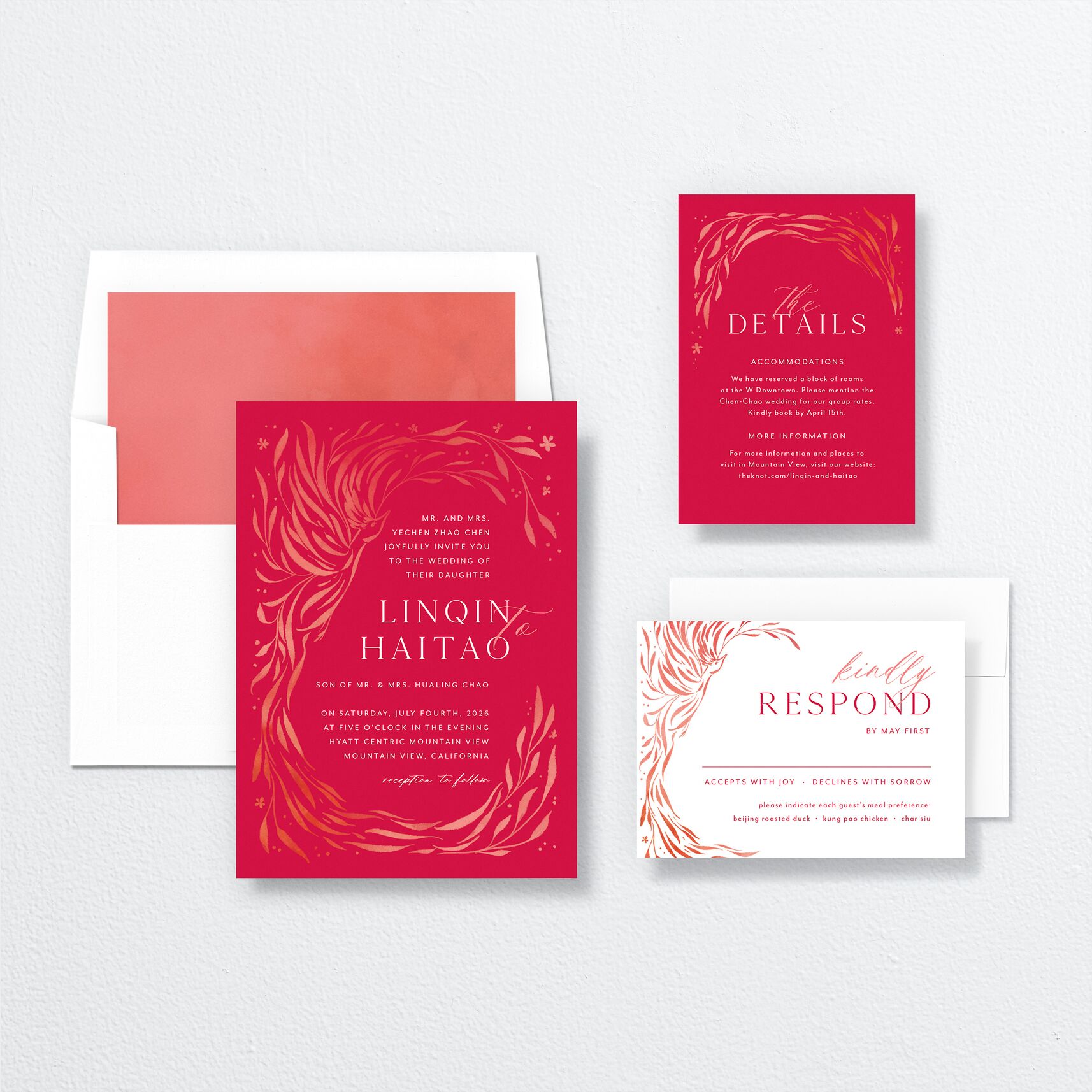 Romantic Phoenix Wedding Invitations suite in red