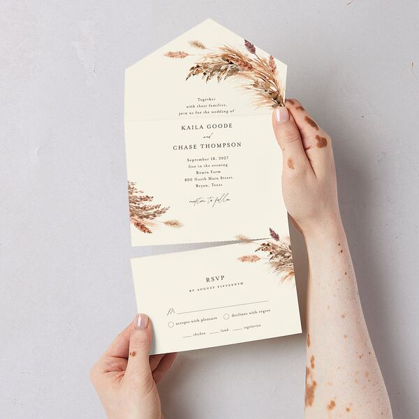 Soft Pampas Botanical All-in-One Wedding Invitations Sepia Signature Light Both Recipient and Return Addresses No