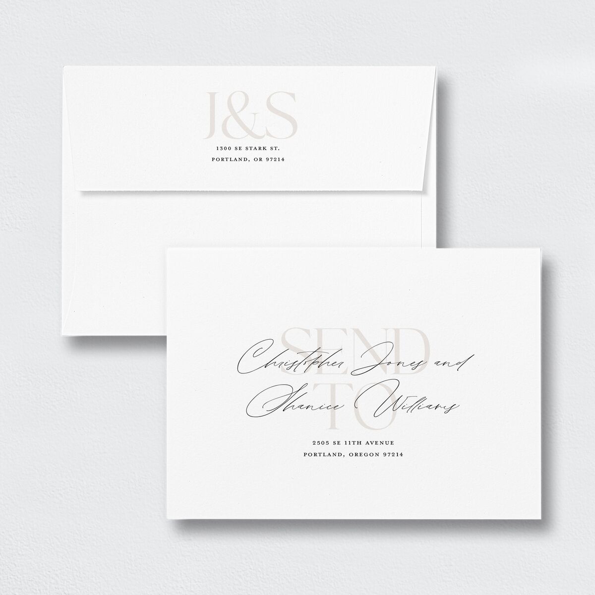 Overlay Save The Date Card Envelopes White Standard Champagne Both Recipient and Return Addresses
