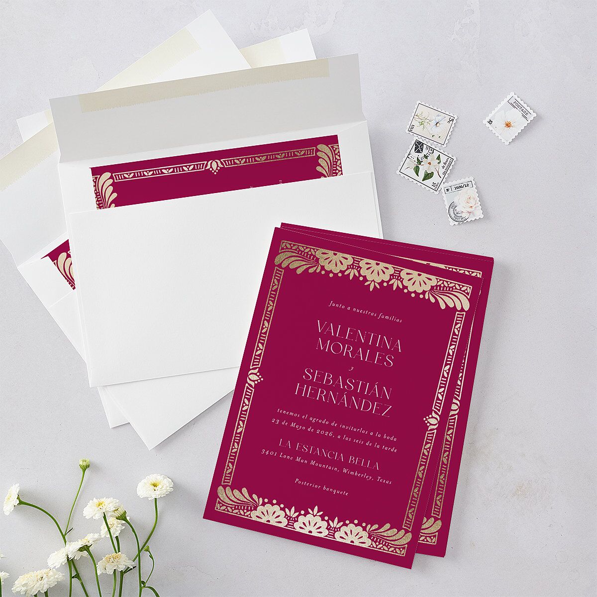 Hacienda Elegante Wedding Invitations Gold Raspberry Signature Blank No Standard