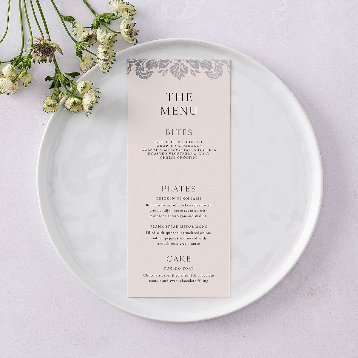Elegant Damask Menus Silver Champagne Signature