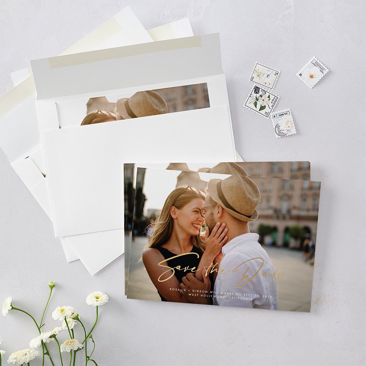 Refined Frame Save The Date Cards Gold Snow Signature smooth Blank No