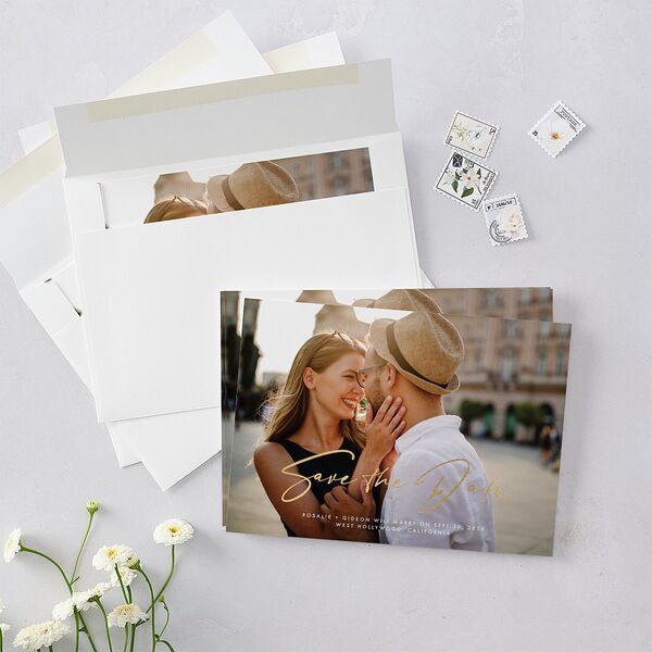 Refined Frame Save The Date Cards Gold Snow Signature smooth Blank No