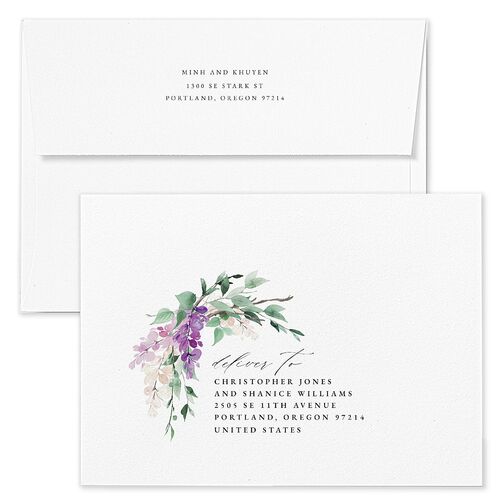 Romantic Wisteria Bridal Shower Invitation Envelopes White Shimmer Purple Petal Both Recipient and Return Addresses Pearlescent Standard