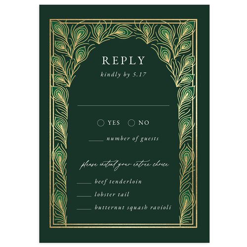 Peacock Nouveau Wedding Response Cards Gold Dark Green Signature Standard