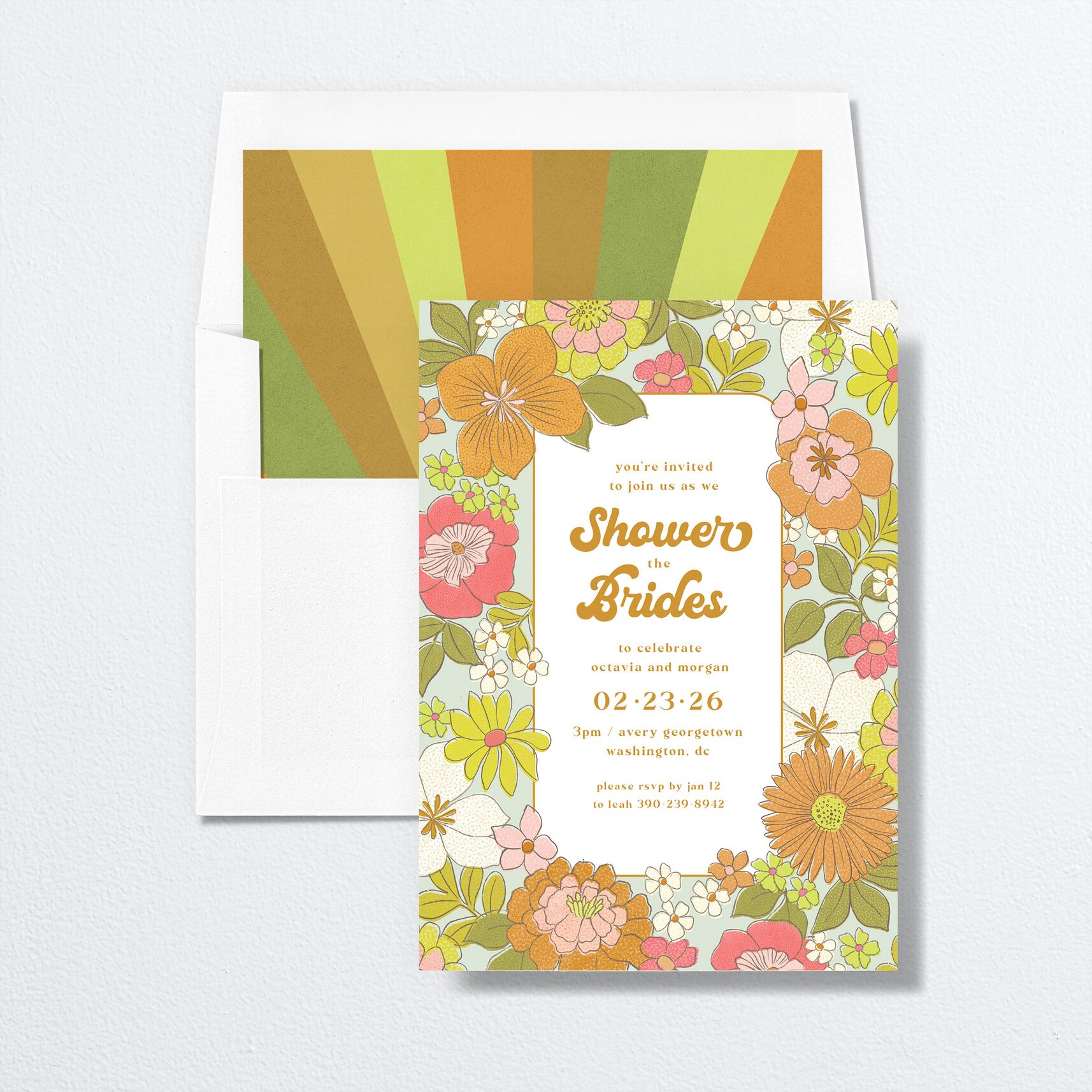 Groovy Blooms Bridal Shower Invitations envelope-and-liner in yellow