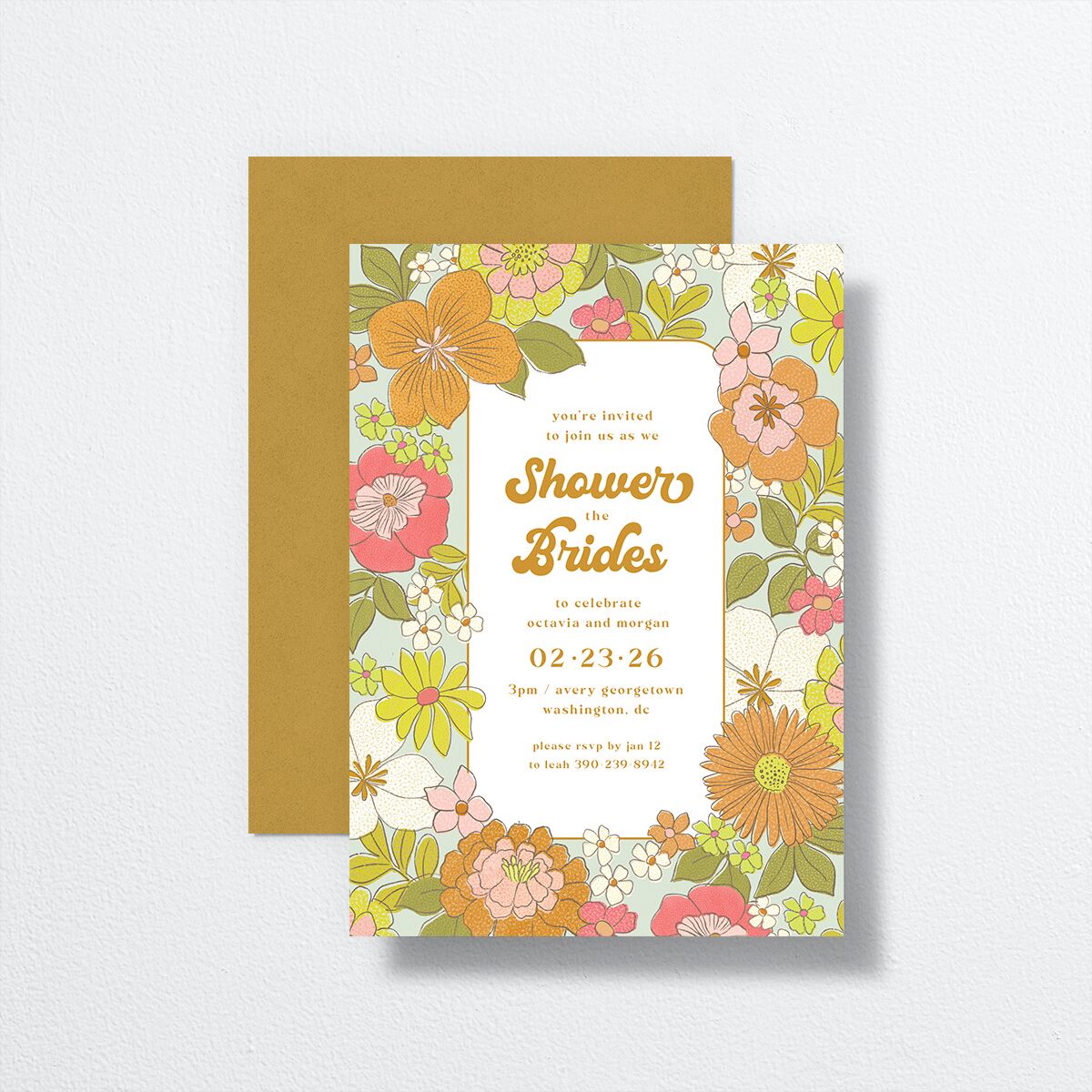 Groovy Blooms Bridal Shower Invitations front-and-back in yellow