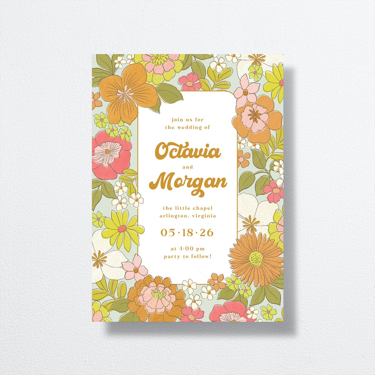 Groovy Blooms Wedding Invitations front in yellow
