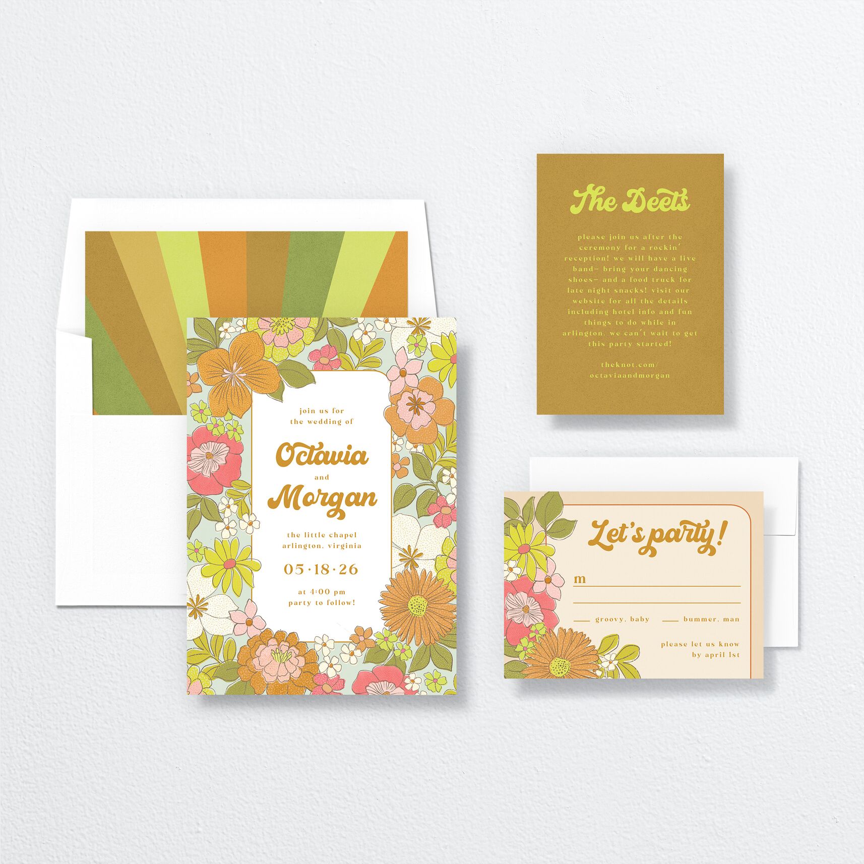 Groovy Blooms Wedding Invitations suite in yellow