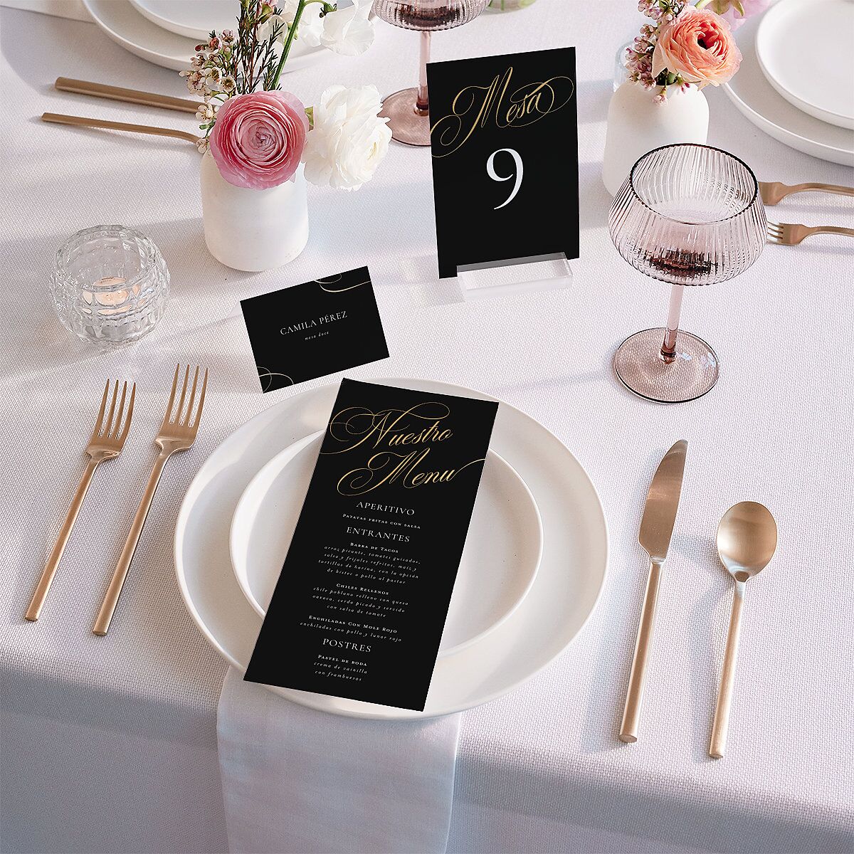 Nuestra Boda Place Cards Gold Charcoal Signature