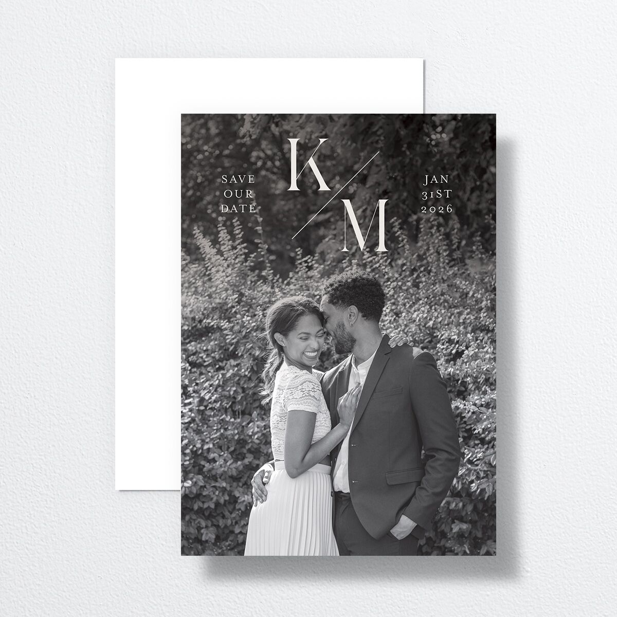 Monogram Slant Save the Date Cards front-and-back in Black