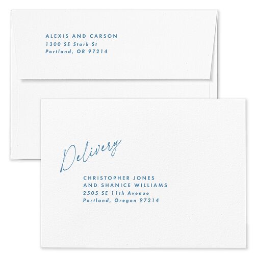 Elegant Modern Portrait Script Wedding Invitation Envelopes White Sea Blue Both Recipient and Return Addresses Standard Signature