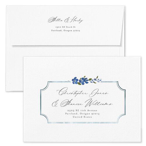 Delphinium Crest Wedding Invitation Envelopes White Sea Blue Both Recipient and Return Addresses Standard Signature