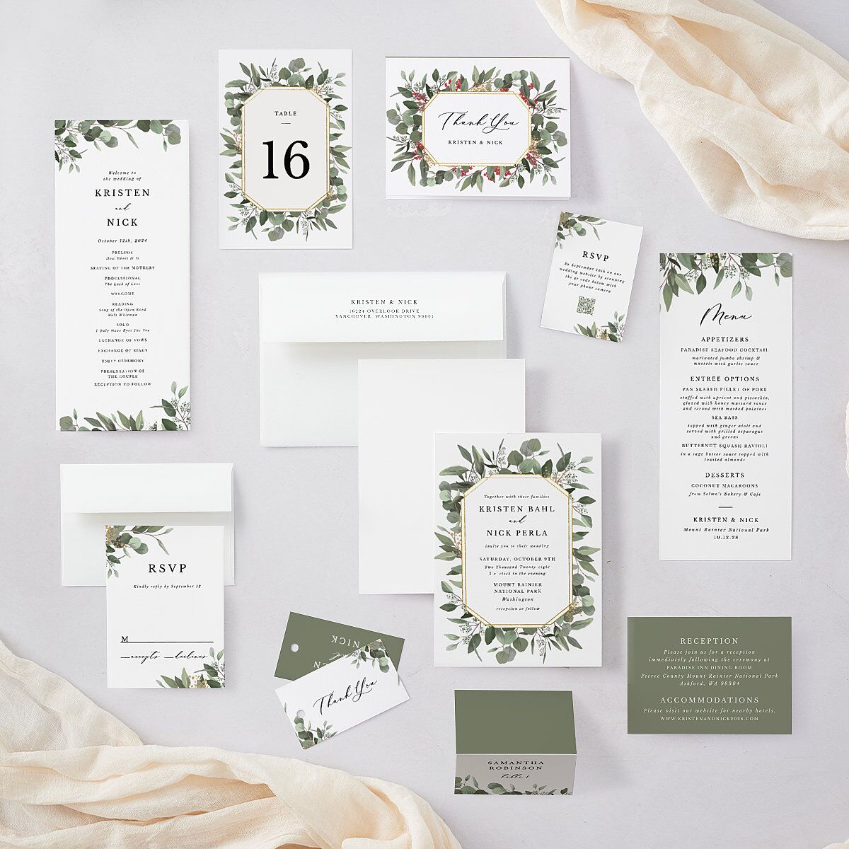 Eucalyptus Frame Wedding Response Cards No Foil Pure White Signature Standard