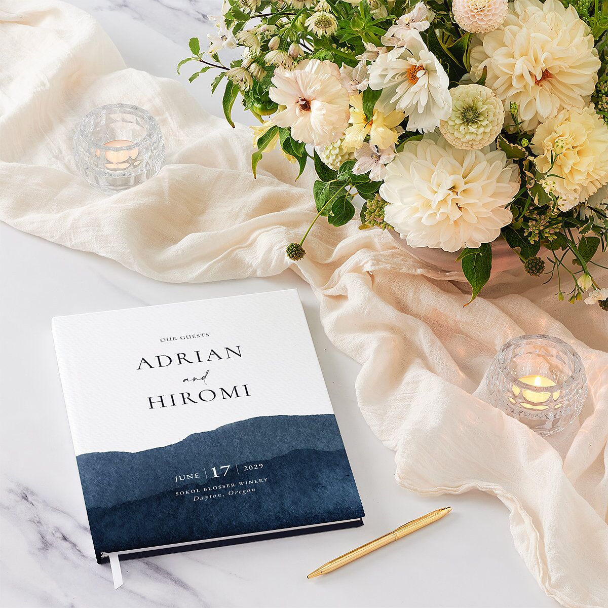 Layered Watercolor Wedding Guest Book Navy