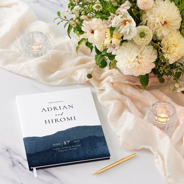 Layered Watercolor Wedding Guest Book Navy