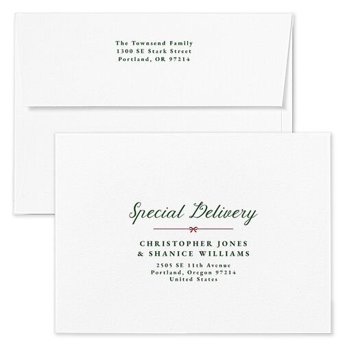 Christmas Bow Pattern Holiday Card Envelopes White Jewel Red Both Recipient and Return Addresses Standard Signature