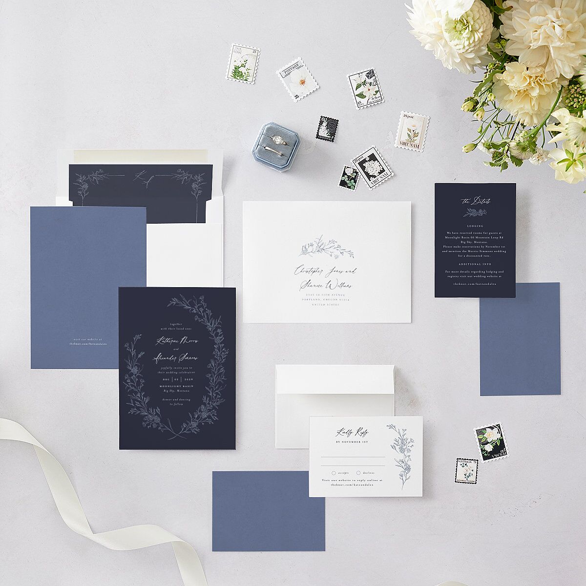 Romantic Branches Wedding Invitations Navy Signature Blank No Standard